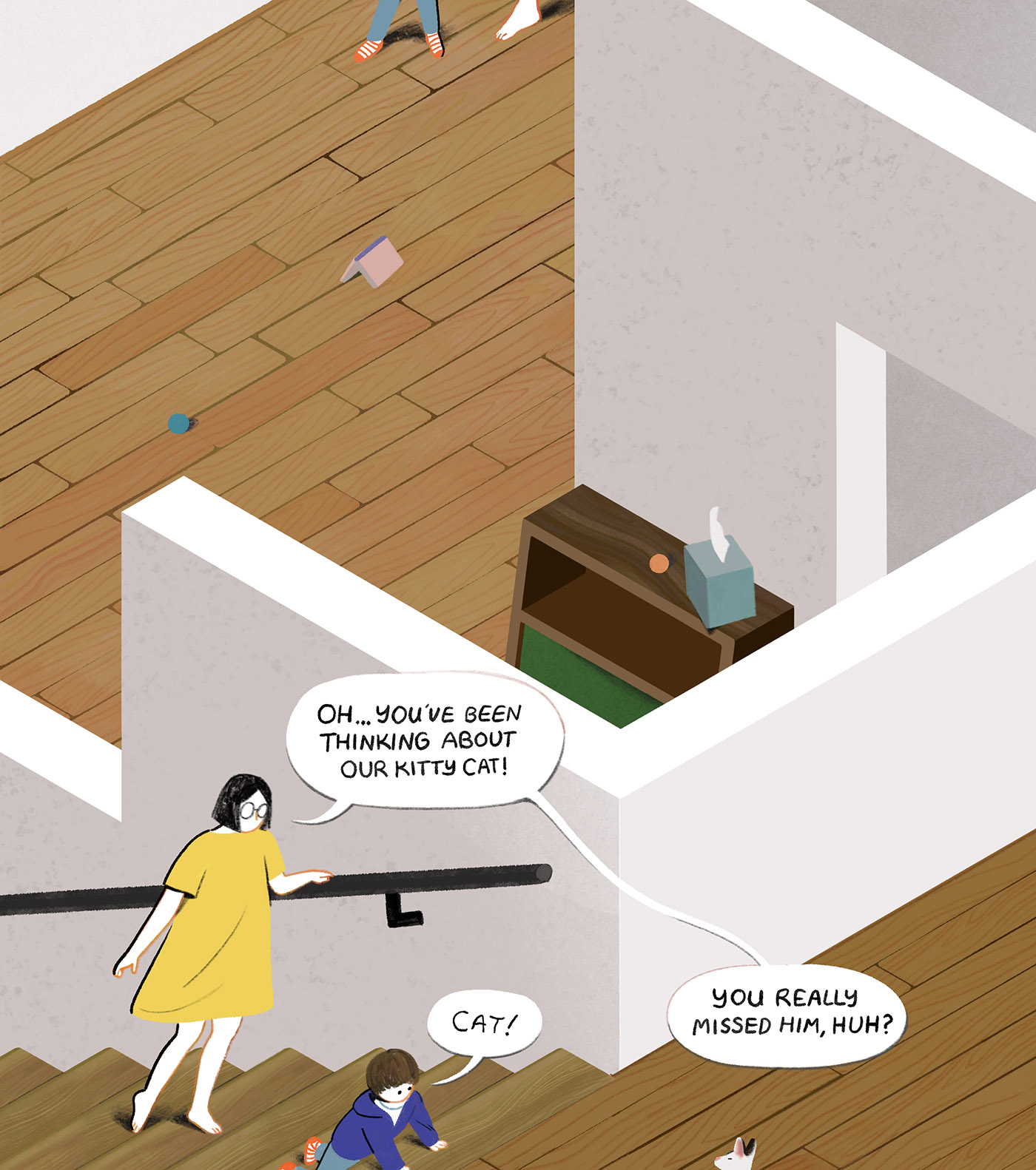 A child at the top of a staircase sees a cat as a woman stands behind the child.